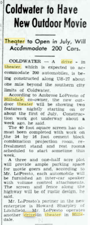 Coldwater Drive-In Theatre - Opening Announcement June 14 1949 (newer photo)